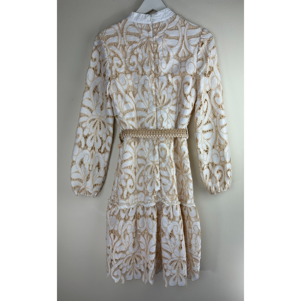 Mulla Embroidery Floral Lace Mock Neck Long Sleeve Mini Dress Ivory Belted Small - Picture 10 of 14